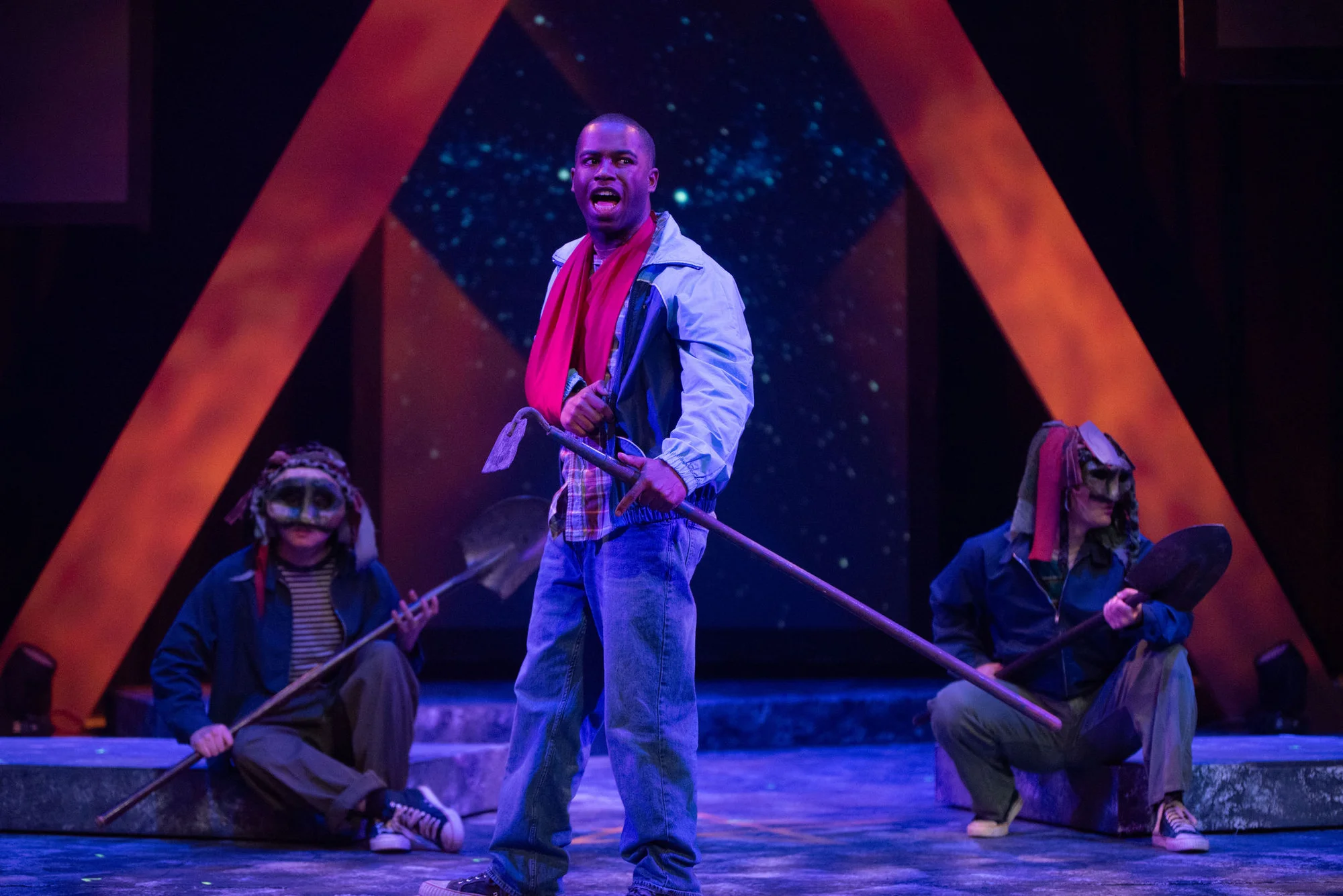 Wide house perspective of the Romero set with layered playing spaces, scenic design by Brandon PT Davis.