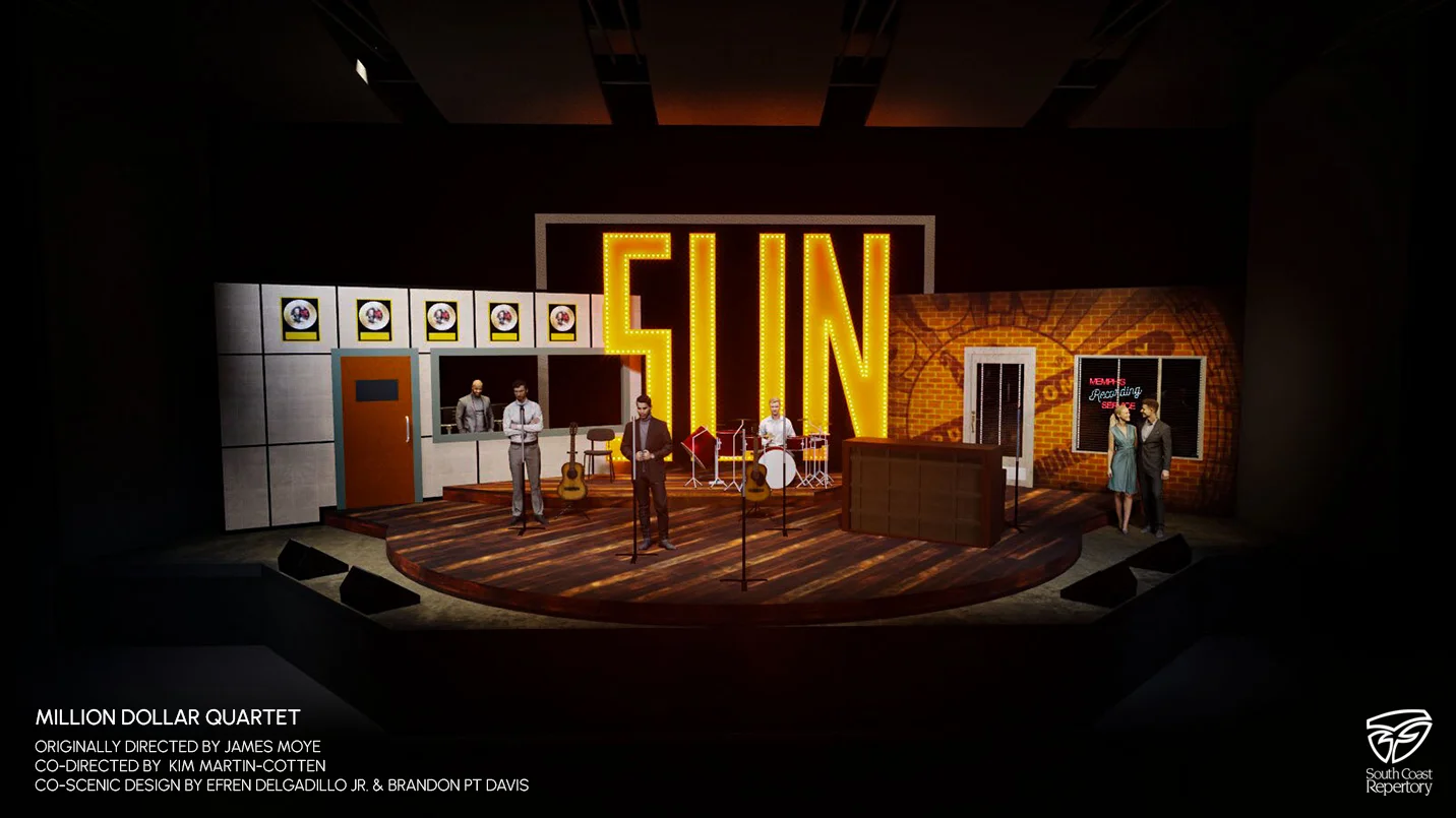 Concept rendering of the period recording studio environment for Million Dollar Quartet, scenic design by Brandon PT Davis.