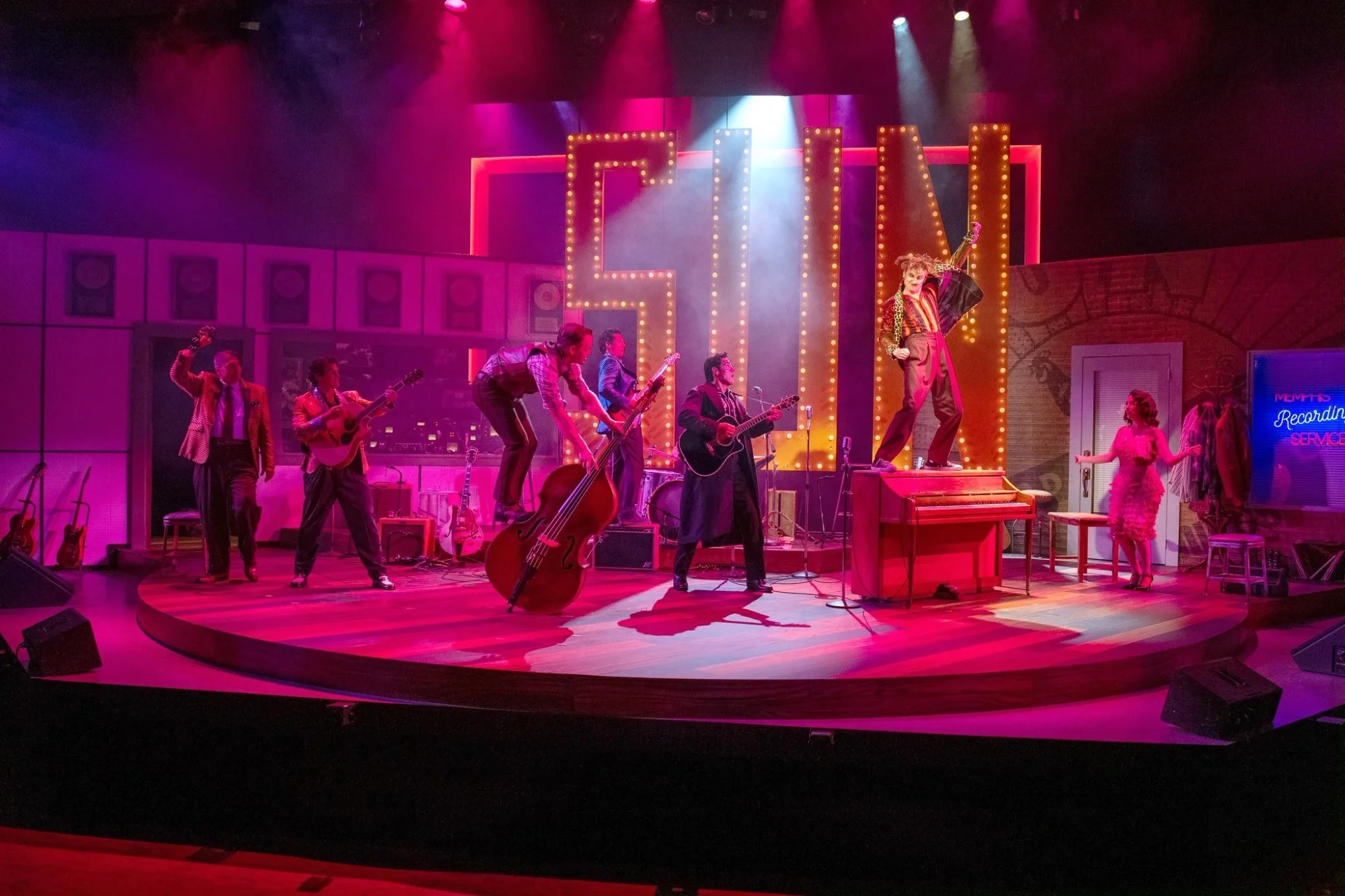 Cast blocking across the studio set architecture in Million Dollar Quartet at SCR, scenic design by Brandon PT Davis.