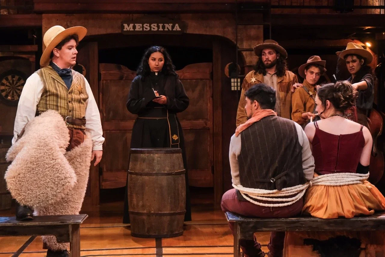 Night-lit stage composition showing arches and playing levels in Much Ado About Nothing, scenic design by Brandon PT Davis.