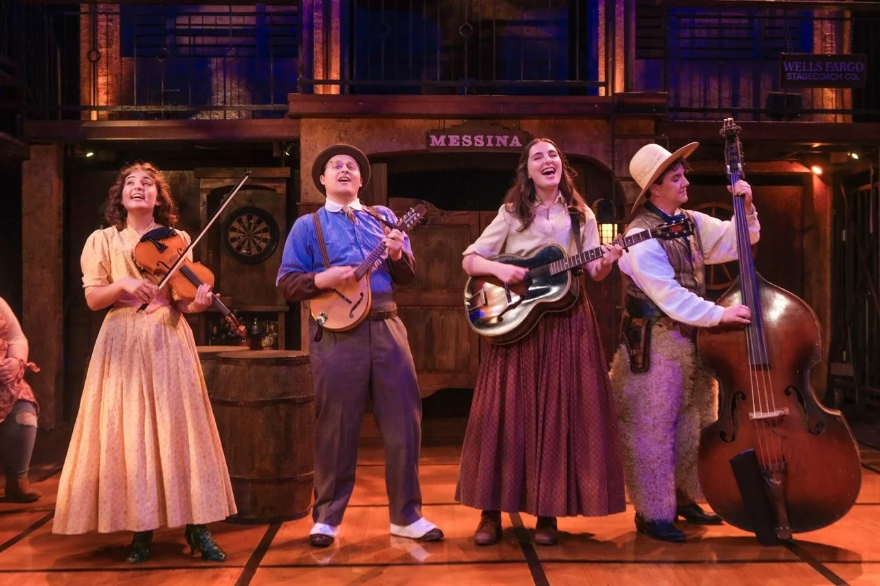 Scene transition on the open-air Shakespearean set for Much Ado About Nothing at New Swan, scenic design by Brandon PT Davis.