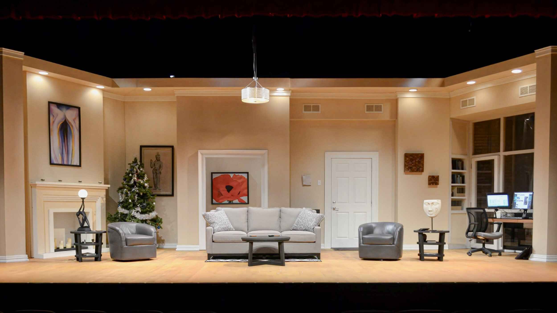 Production image from Rich Girl highlighting the sleek domestic architecture and polished palette, scenic design by Brandon PT Davis.
