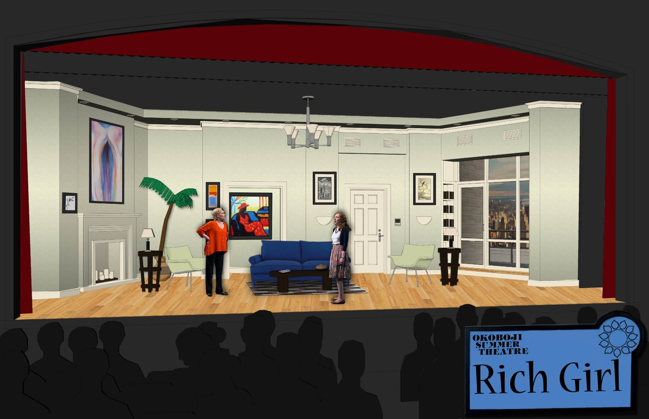 Rendering for Rich Girl exploring the penthouse composition, furnishings, and emotional restraint, scenic design by Brandon PT Davis.