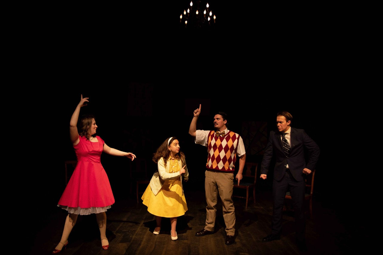 Final production image from The Bald Soprano showing the absurd domestic setting in performance, scenic and lighting design by Brandon PT Davis.