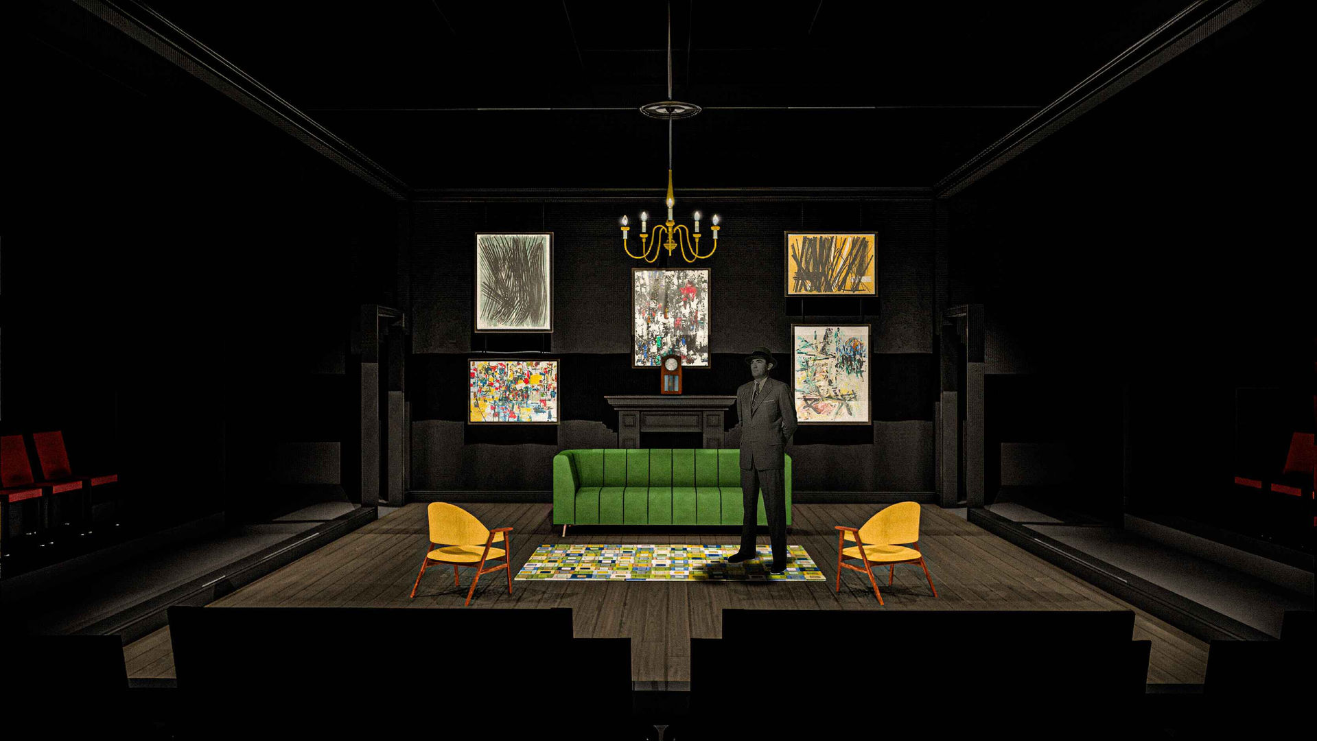 Rendering for The Bald Soprano showing the distorted domestic environment and heightened composition, scenic and lighting design by Brandon PT Davis.