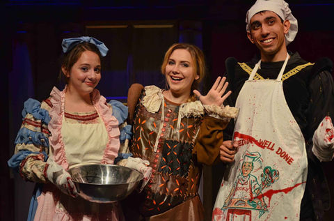 Production image from The Complete Works of William Shakespeare (abridged) showing the comic ensemble within the scenic world, scenic design by Brandon PT Davis.