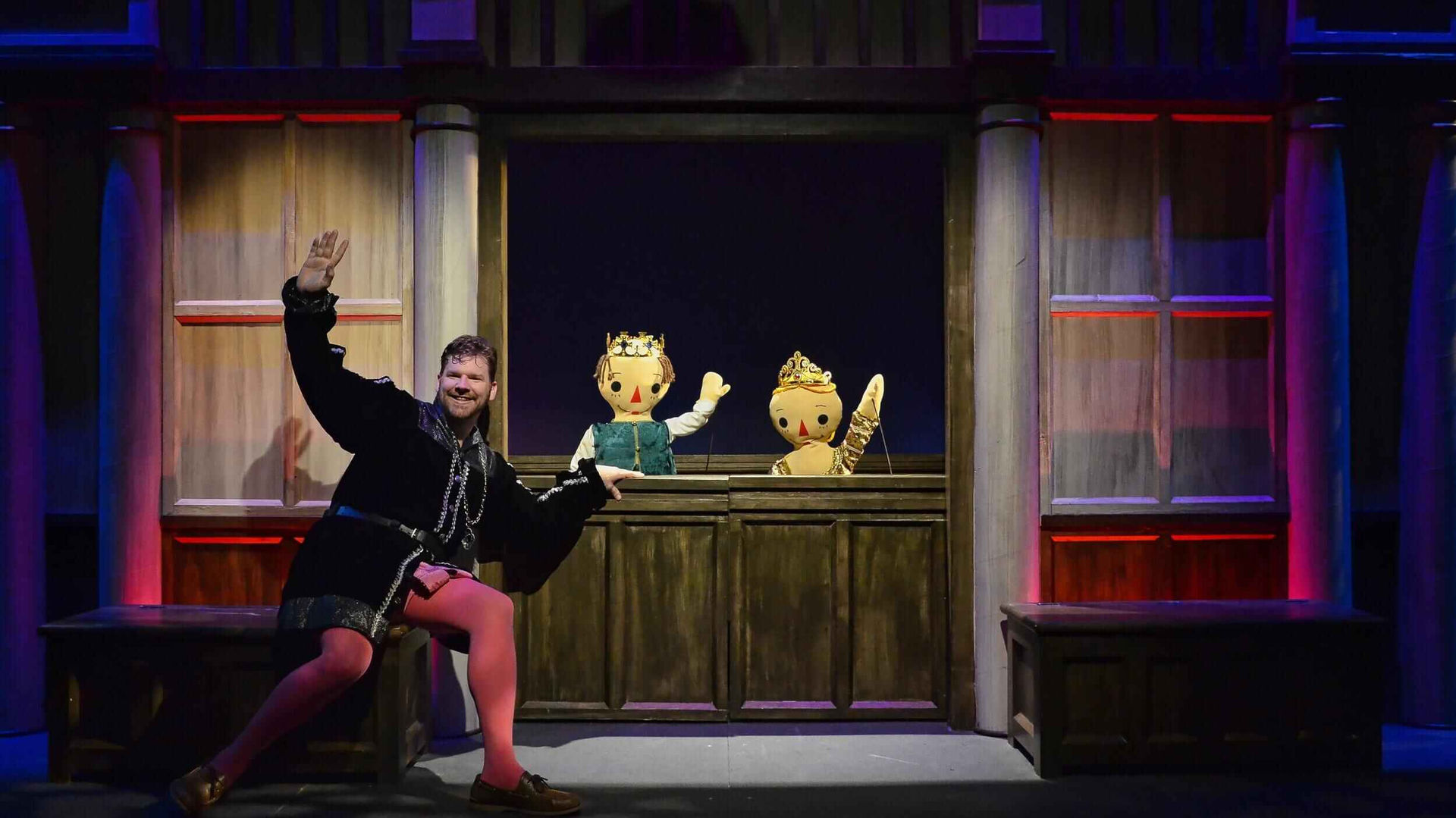 Production image from The Complete Works of William Shakespeare (abridged) showing the modular comic stage environment, scenic design by Brandon PT Davis.
