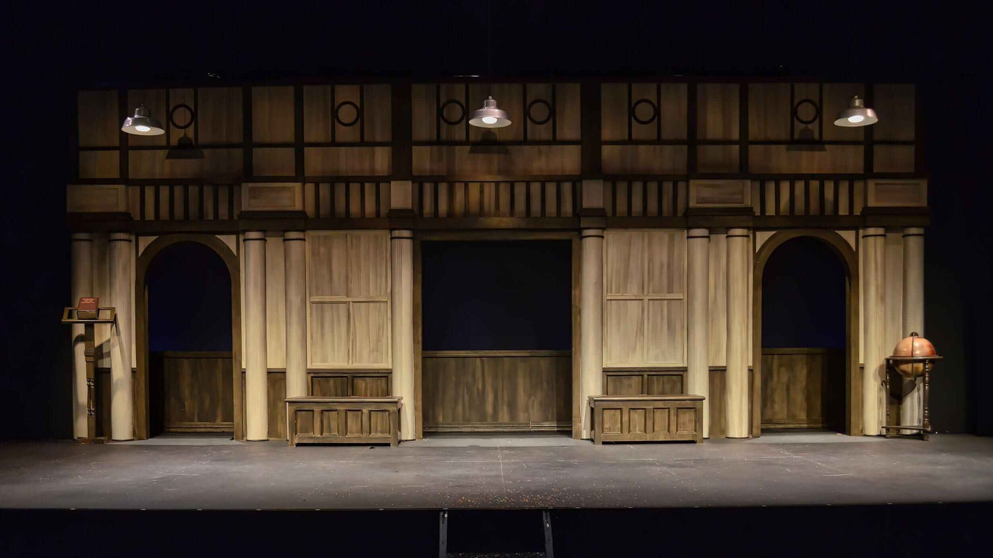 Final production image from The Complete Works of William Shakespeare (abridged) emphasizing the playful modular environment and comic momentum, scenic design by Brandon PT Davis.