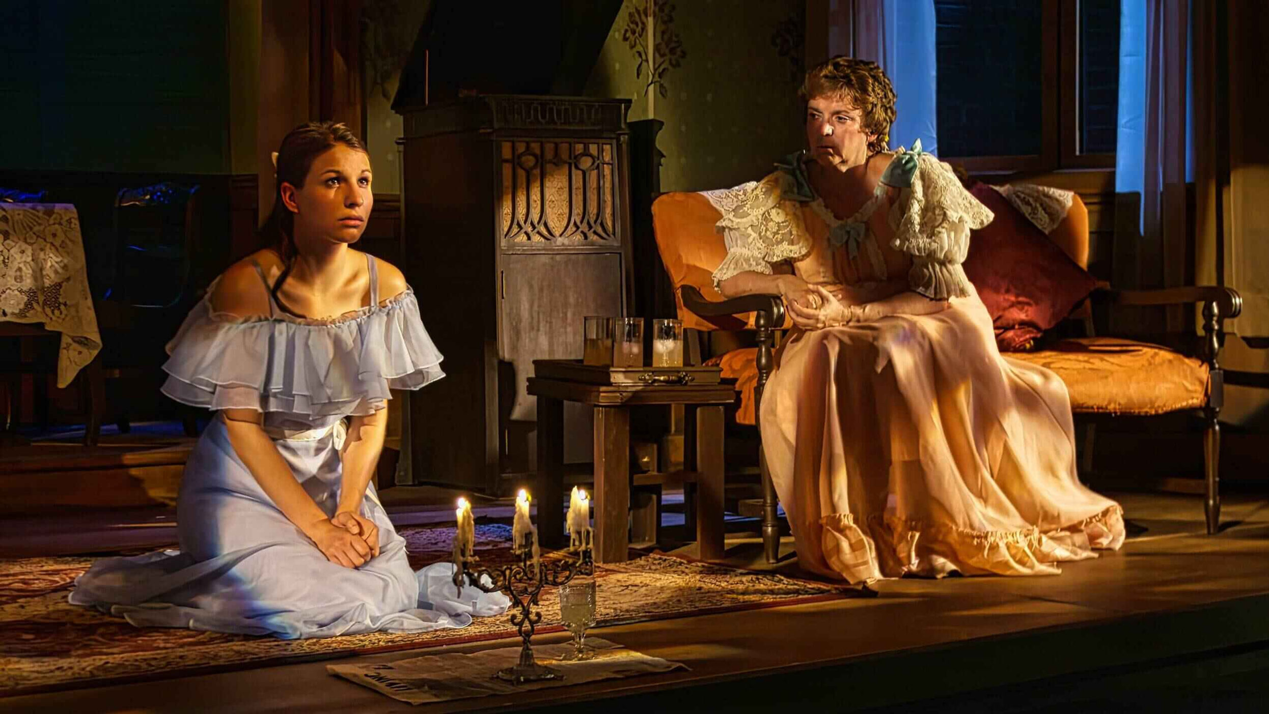 Performance image from the 2011 Glass Menagerie emphasizing nostalgia and theatrical framing, scenic design by Brandon PT Davis.