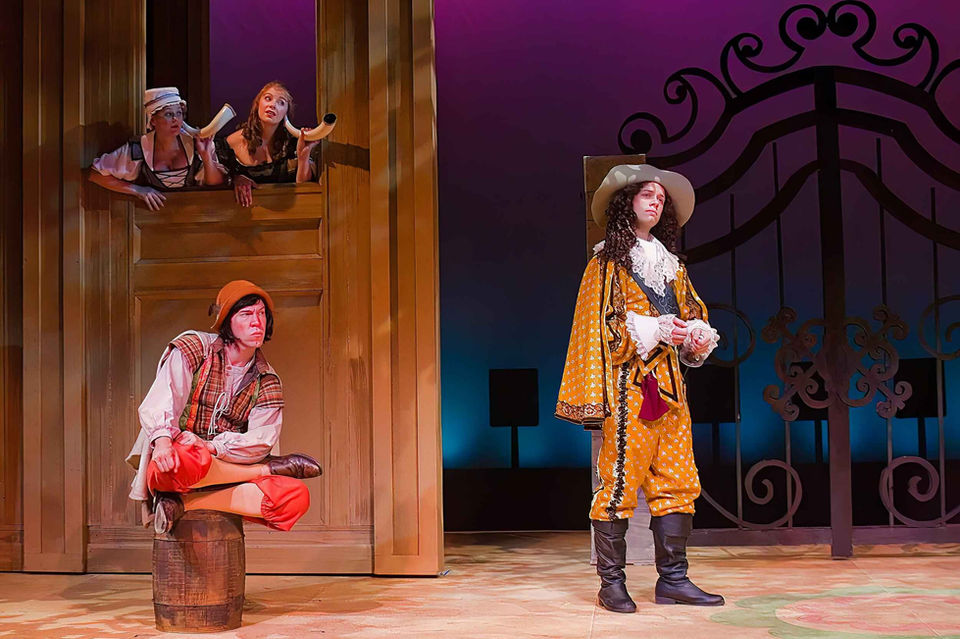 Production still from The Liar highlighting the playful period world and comic staging, scenic design by Brandon PT Davis.