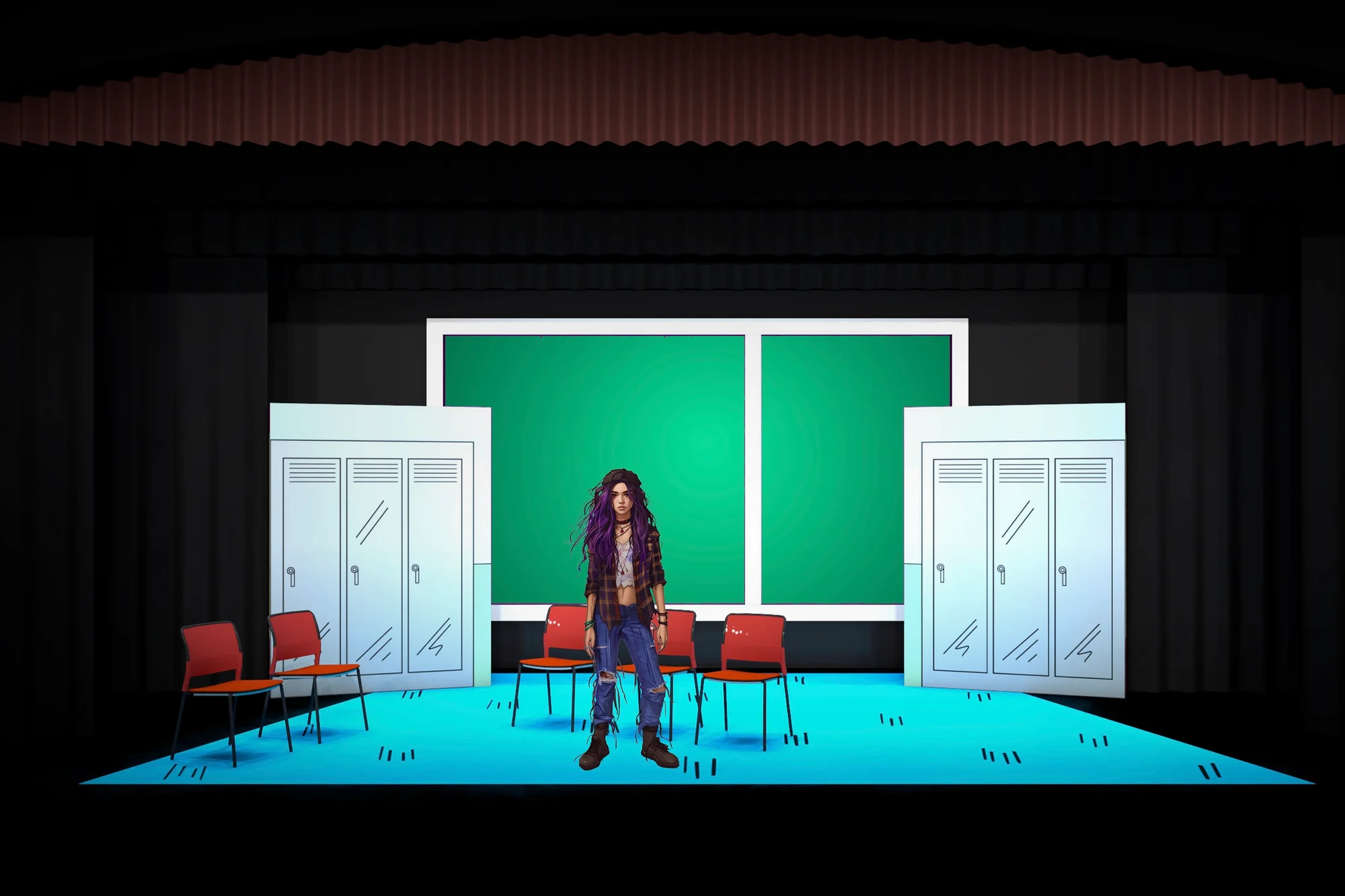 Perspective rendering for Freaky Friday exploring modular units and tonal contrast, scenic design by Brandon PT Davis.