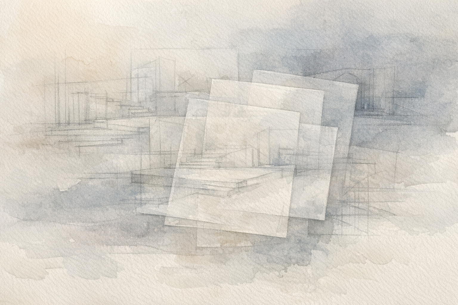 Layered watercolor washes, vellum-like planes, and faint scenic linework suggesting repetition, revision, and early scenic design practice.