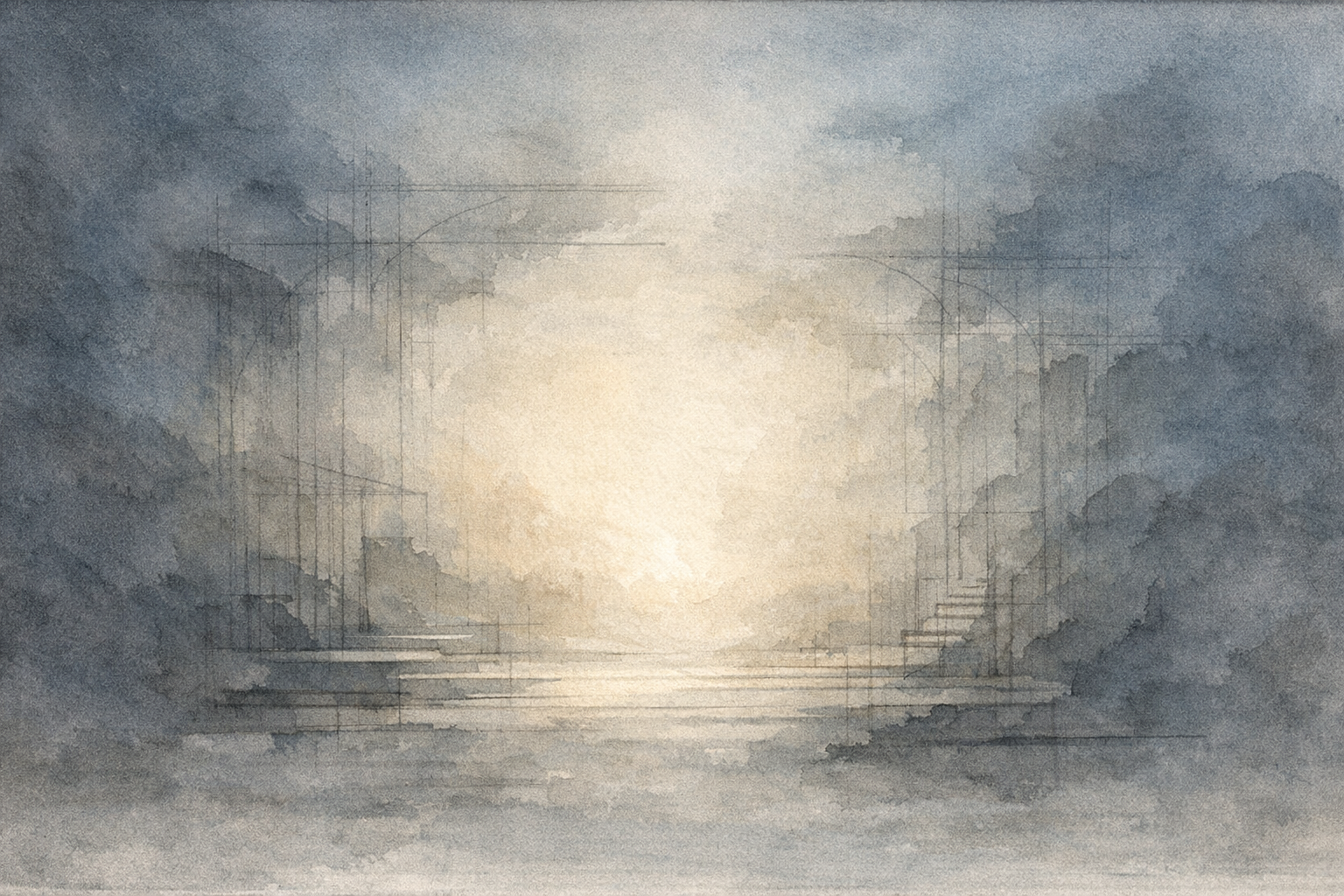 A soft watercolor opening framed by charcoal and smoky blue-gray washes with delicate architectural traces, suggesting a scenic designer's voice coming into focus.
