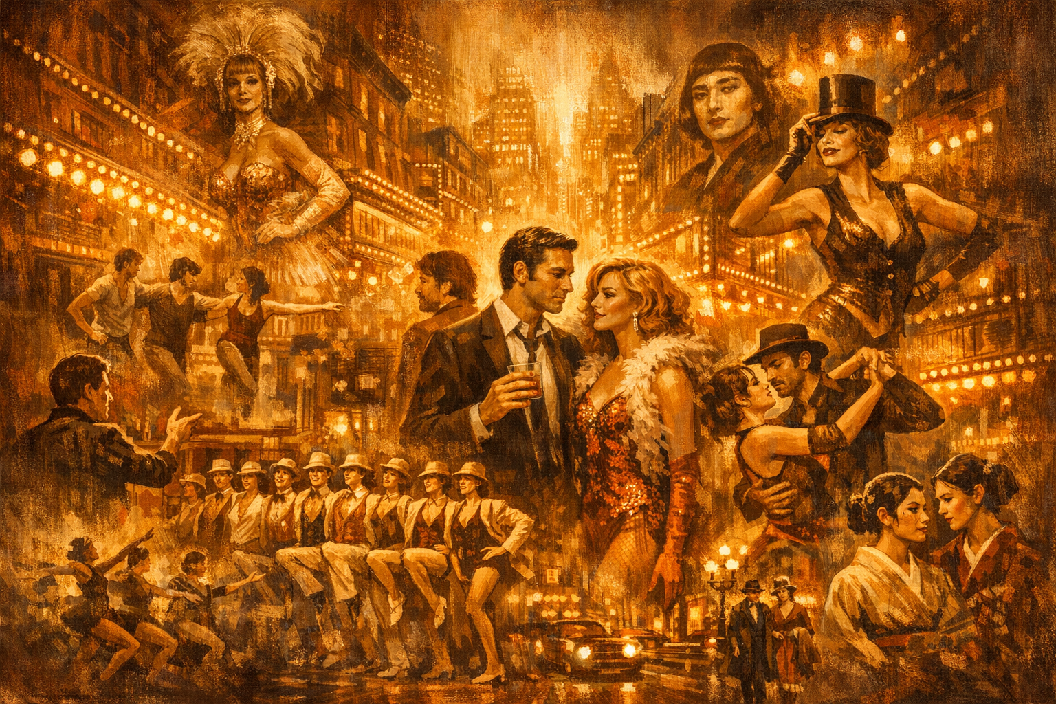 Warm theatrical montage cover featuring Stephen Sondheim, Harold Prince, Michael Bennett, and Bob Fosse.