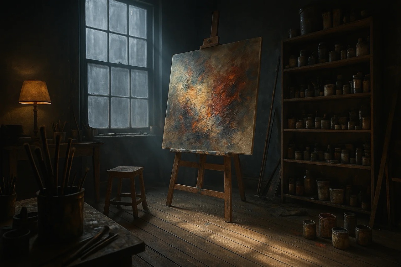 A dimly lit art studio with a large abstract painting on an easel. Soft light from a window illuminates brushes, a stool, and paint jars.