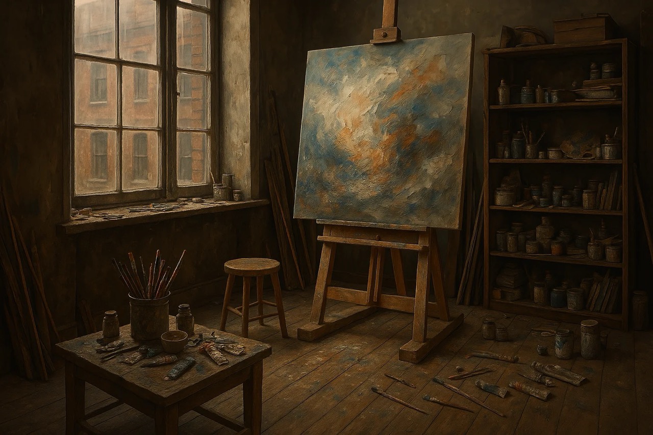 An artist's studio with a canvas on an easel showing abstract art in blue and orange hues. Paints and brushes are scattered. Warm light.