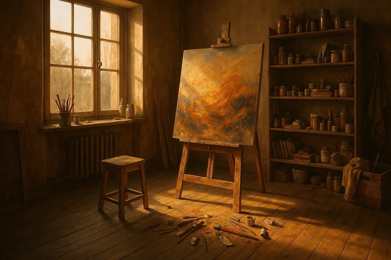 Sunlit artist studio with an easel holding a vibrant abstract painting. Brushes and tools lie on the wooden floor. Warm, earthy tones dominate.