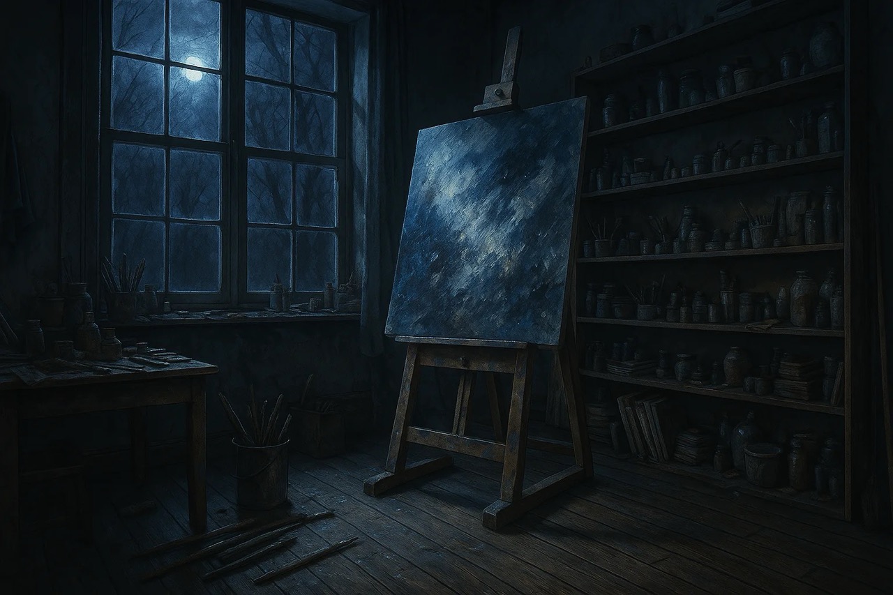 Dimly lit art studio with an empty easel, moonlit window, and shelves of jars. The scene feels moody and contemplative.
