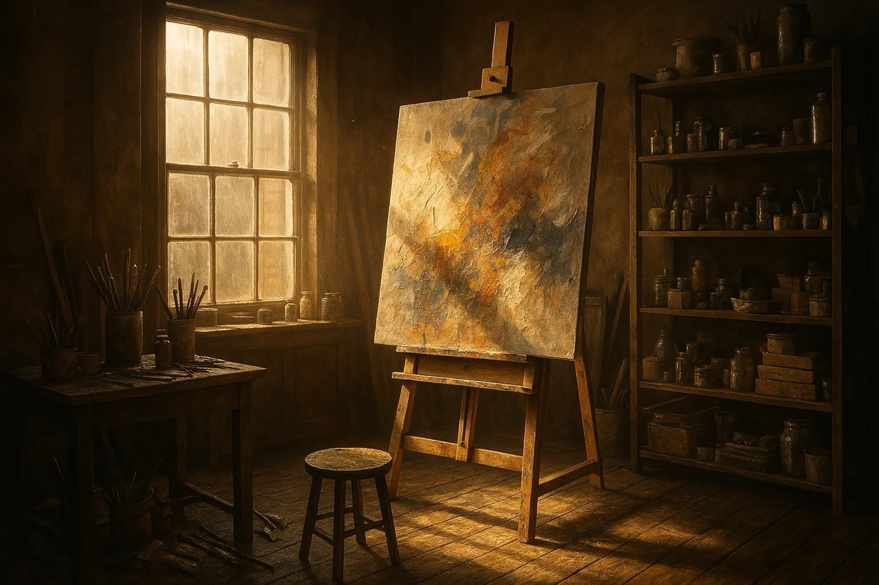 Sunlit artist studio with abstract painting on an easel. Wooden stool, brushes, shelves with jars. Warm, rustic atmosphere.