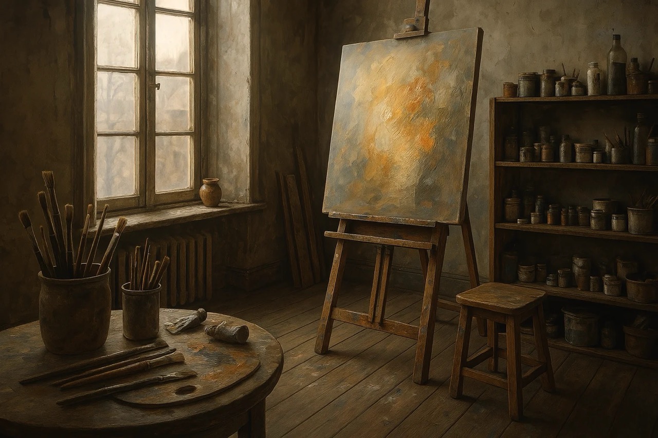 A dimly lit artist studio with an easel and canvas. Wooden table with brushes, palette, and jars. Warm tones and an old window create a serene mood.