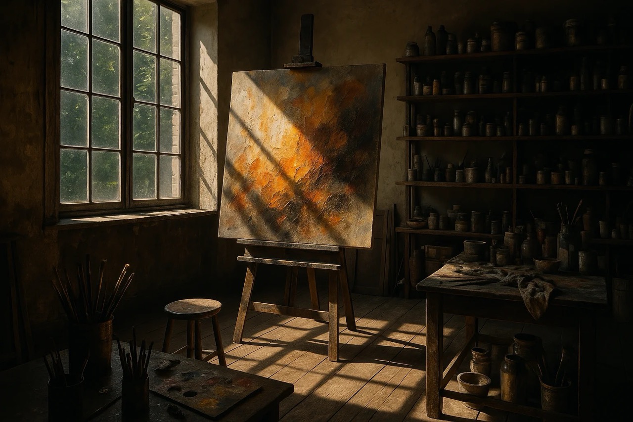 Sunlit artist's studio with a large canvas on an easel, displaying warm abstract colors. Shelves with jars line the wall. Peaceful mood.
