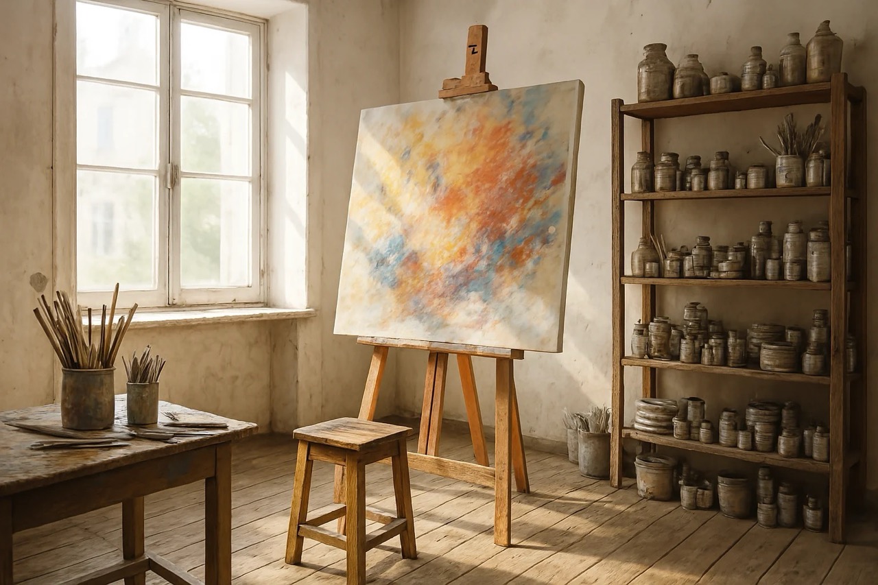 Sunlit studio with an abstract painting on an easel, beside a stool. Shelves filled with paint jars, brushes on a rustic table. Calm mood.