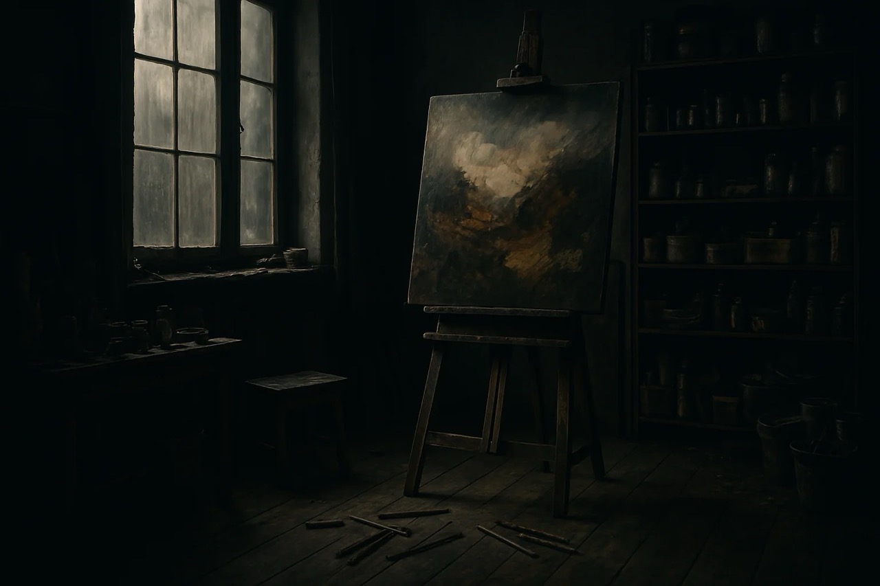 Dimly lit art studio with a canvas on an easel near a window. Paintbrushes scattered on the wooden floor create a moody atmosphere.