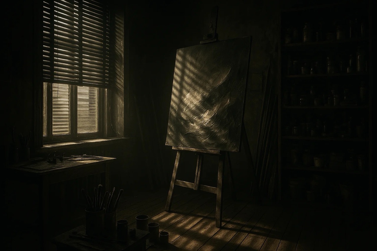 Dimly lit studio with an empty canvas on an easel. Sunlight streams through blinds, casting shadows. Paintbrushes and jars scattered. Quiet mood.