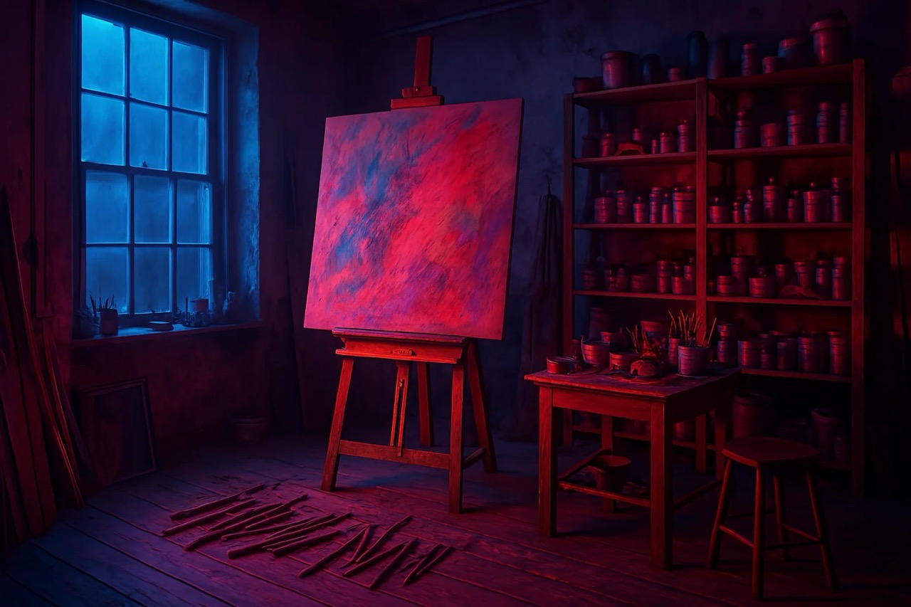 Dimly lit art studio with a large easel displaying a red and blue canvas. Shelves with paint jars, a table, and window create an atmospheric mood.