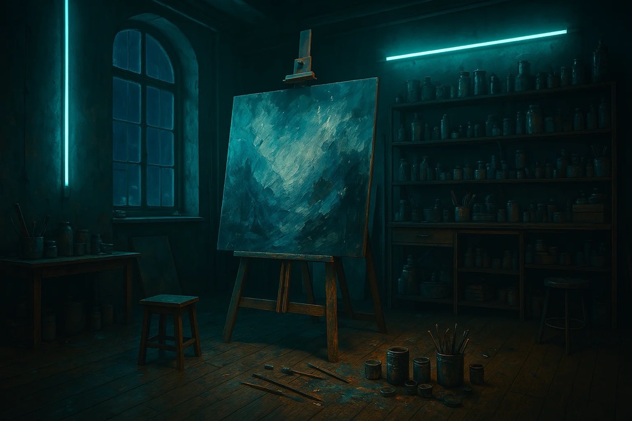 Dimly lit art studio with a large abstract painting on an easel, surrounded by paint jars and brushes. Moody teal lighting enhances the scene.