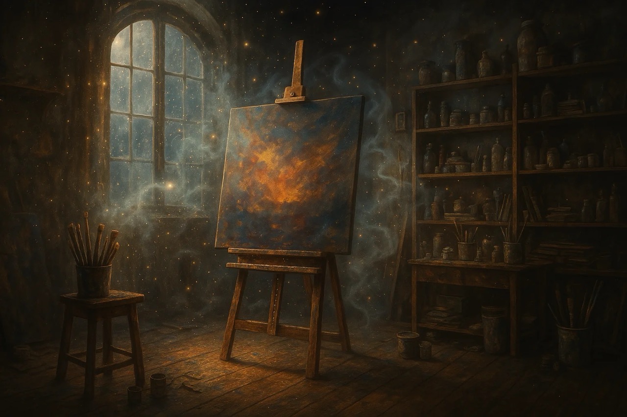Easel with a fiery painting stands in a rustic studio, with glowing particles around. Shelves stocked with paint jars, brushes on a stool.