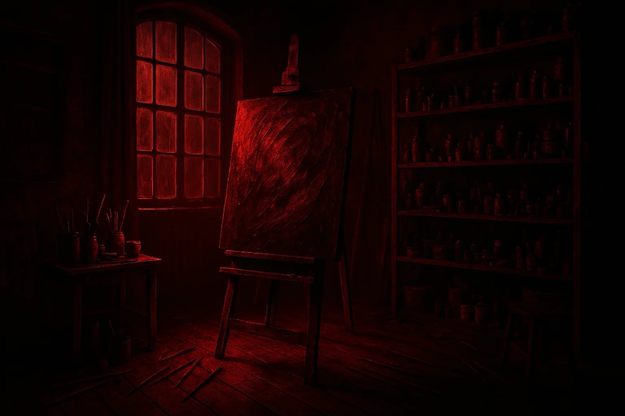 A dimly lit art studio with a red-tinted canvas on an easel, brushes on a table, scattered pencils, and shelves filled with jars. Mysterious mood.