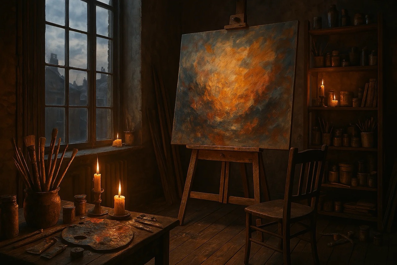 Dimly lit artist studio with candles, a vibrant abstract painting on an easel, brushes, and tools on a table. Cozy and creative mood.