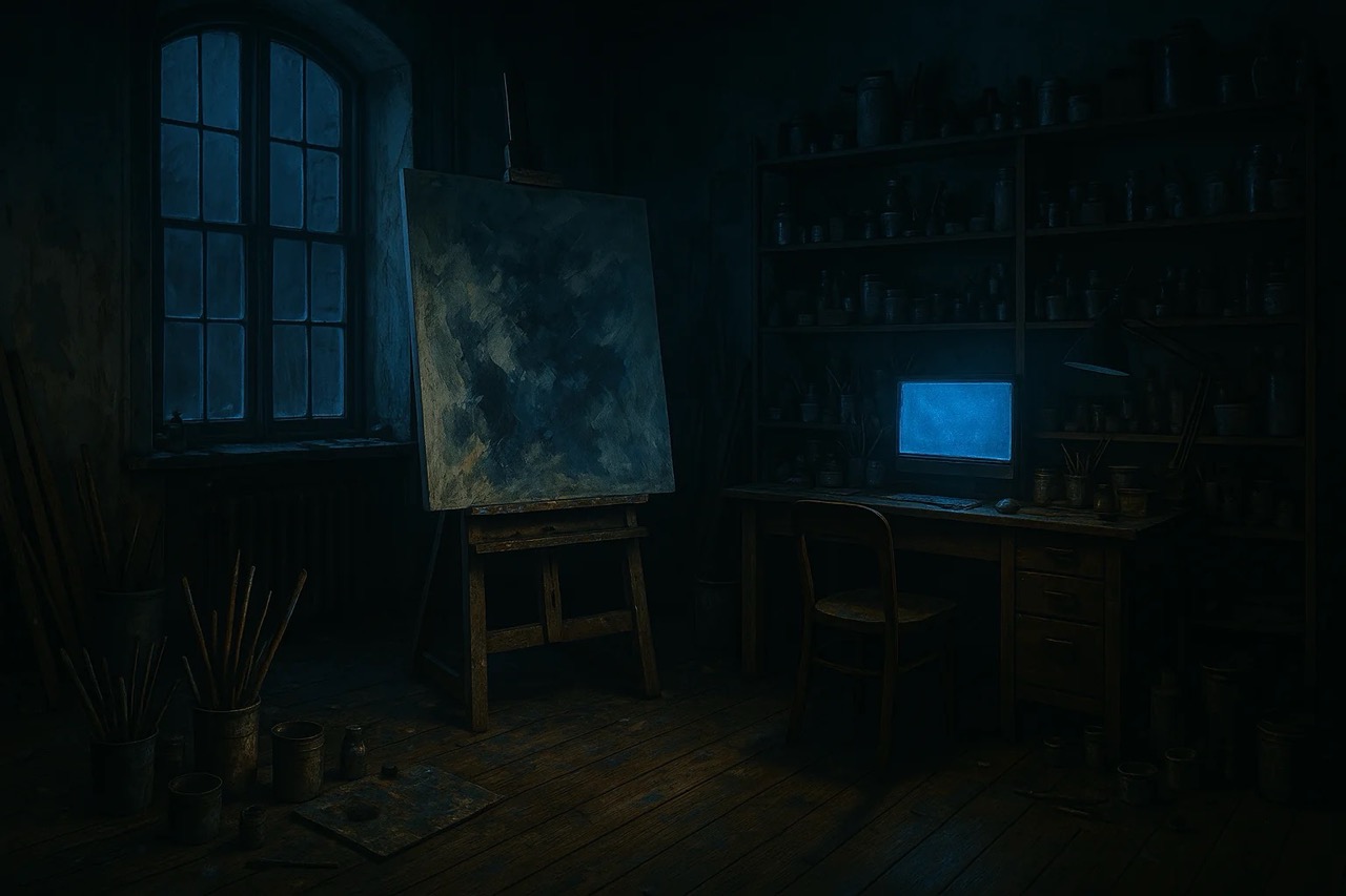 Dim studio with an easel, blank canvas, and blue-lit computer on a desk. Shelves filled with jars; moody, shadowy atmosphere.