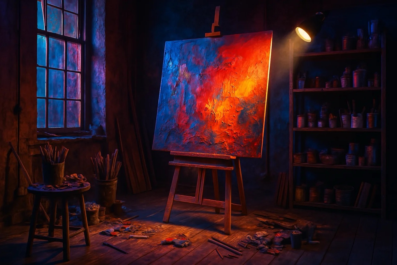 Dimly lit art studio with a vibrant abstract painting of red and blue hues on an easel. Paintbrushes and supplies scattered around. Cozy ambiance.