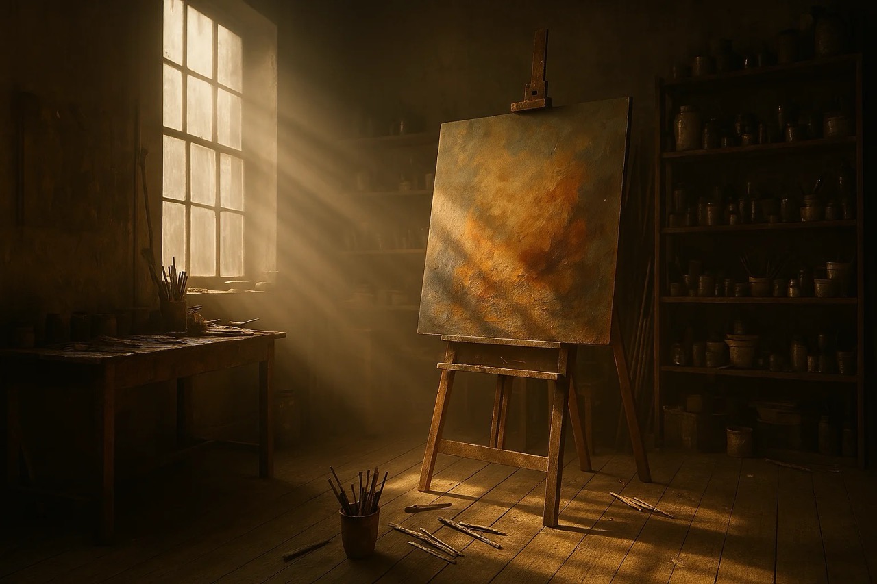 Easel with artwork in sunlit studio. Sunbeams through window, brushes on floor and table. Warm, creative atmosphere.