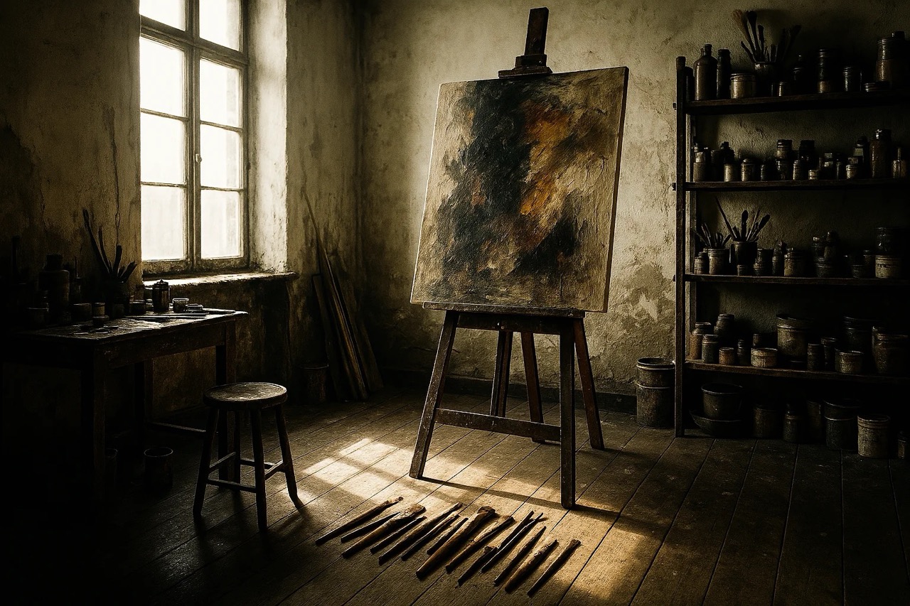 A dimly lit art studio with a blank canvas on an easel, surrounded by paintbrushes on the floor and shelves of jars against an aged wall.