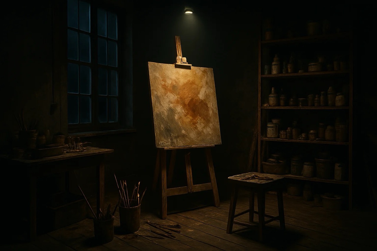 Dimly lit art studio with a blank canvas on an easel, surrounded by paint jars and brushes. A wooden stool is nearby, creating a moody atmosphere.