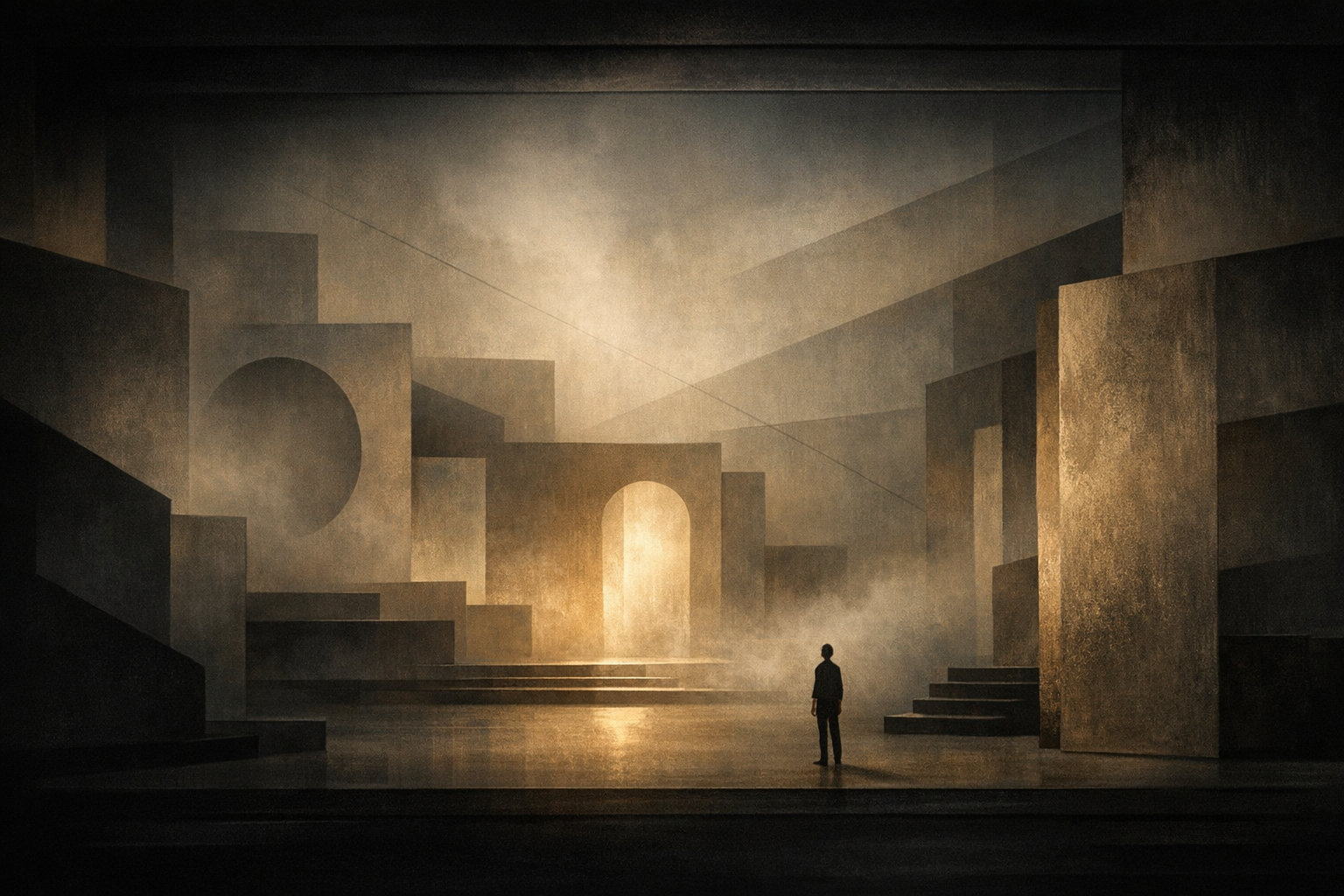 Abstract scenic environment with layered architectural forms, a glowing focal portal, and a solitary figure establishing scale.